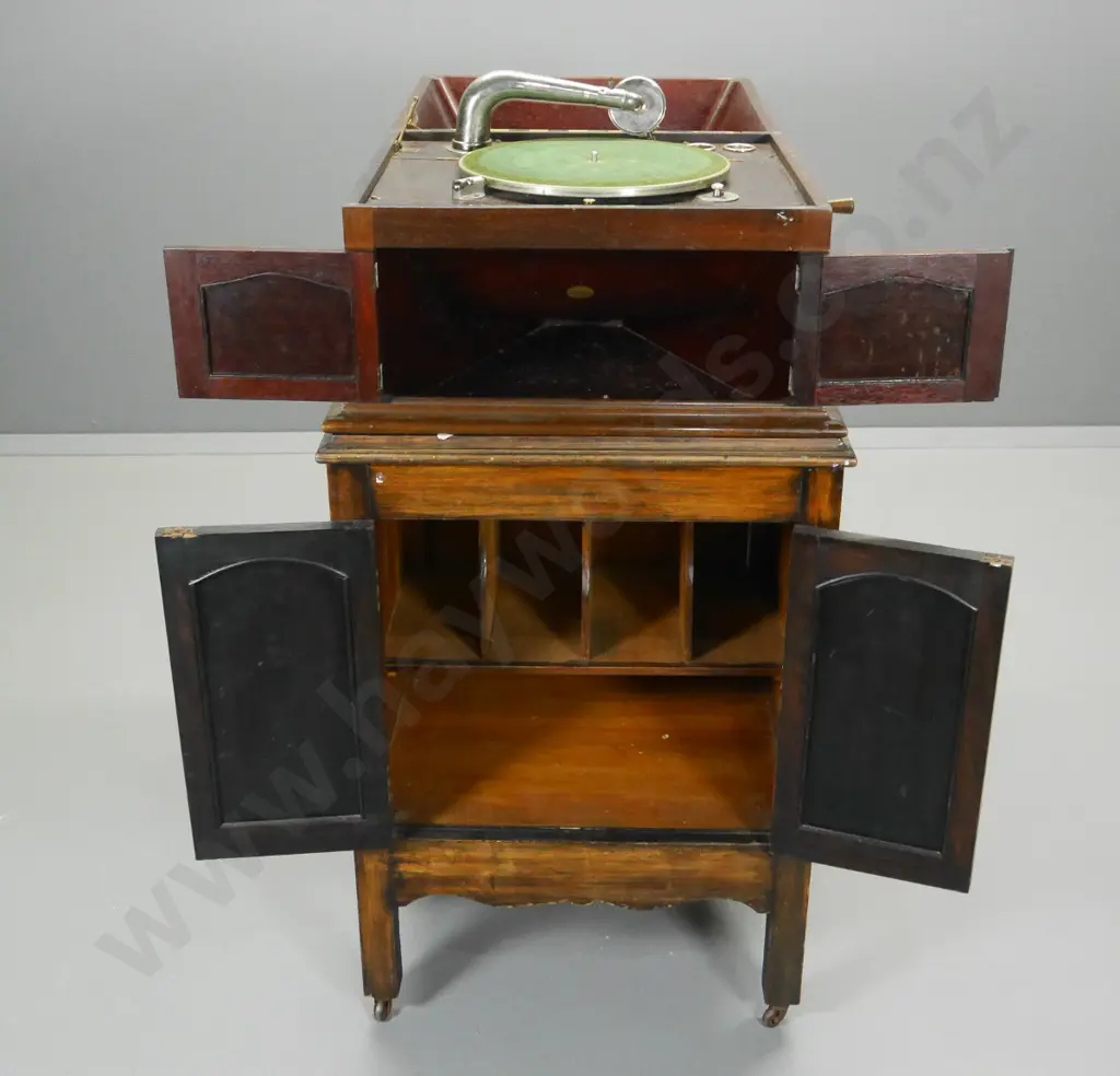 vintage wind-up gramophone - mixed timber cabinet, brass lid stays needs repair H-1150 W-550 D-500 Image 1++