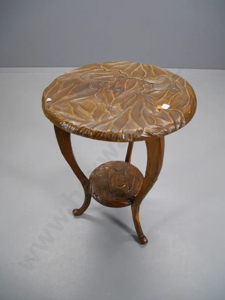 chip-carved leaf motif occasional table with lower shelf, tripod base H-630 Diameter-440 Image 1++