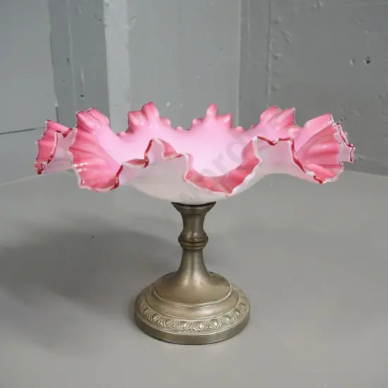 pink and milk glass frilled dish/comport on plated stand H-190 Diameter 250