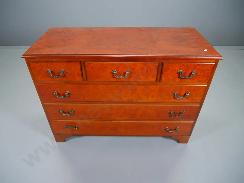 reproduction mahogany and burr walnut 6-drawer chest H-770 W-1080 D-440 Image 1++