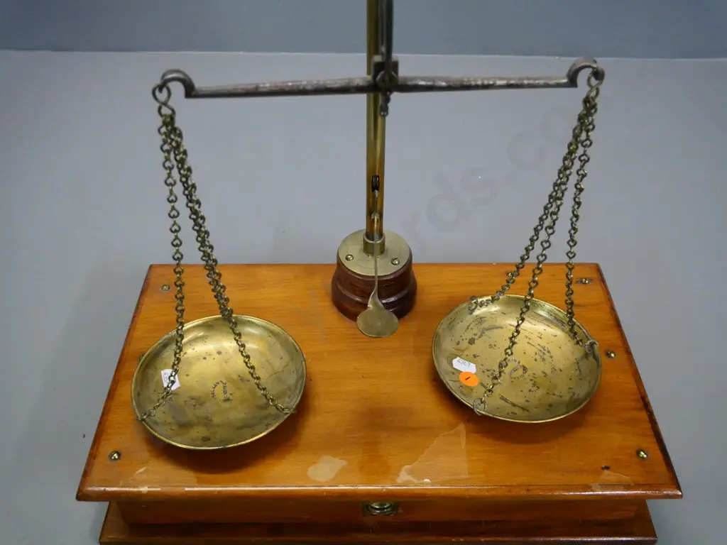 antique set of Avery balance scales - brass hardware on wooden base with drawer - no weights. Image 1++