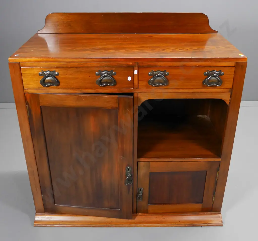 deco dark stained sideboard, 2 doors, 2 drawers, no finish on base ends, hole cut in back & shelf H1060 W1030 D460 Image 1++
