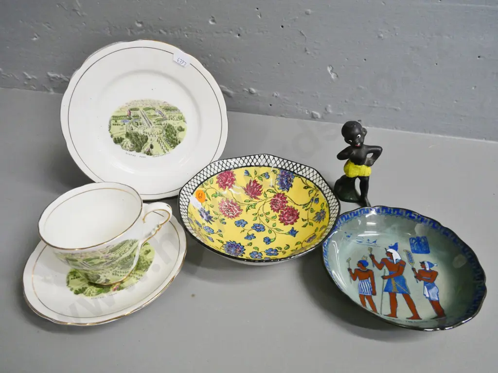 Queen's Park Invercargill souvenir trio, 2 Royal Doulton small bowls, one Titania pattern, small china figurine Image 1++