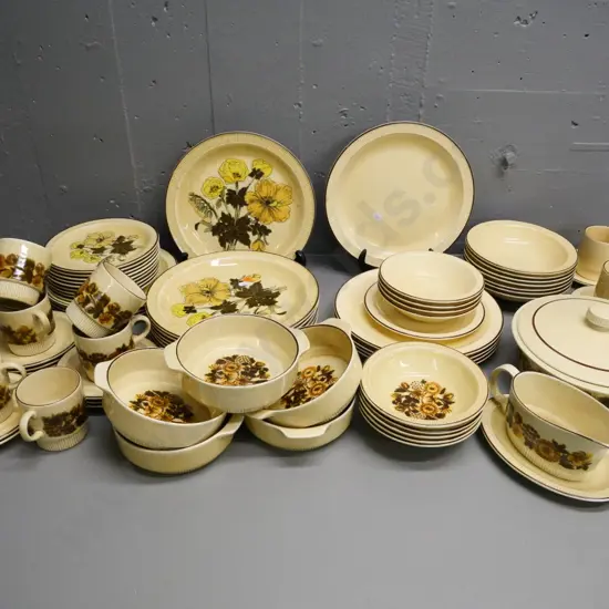 large assortment of Poole dinnerware in 3 complimentary patterns - Thistlewood, Sherwood, plain - some glaze cracking