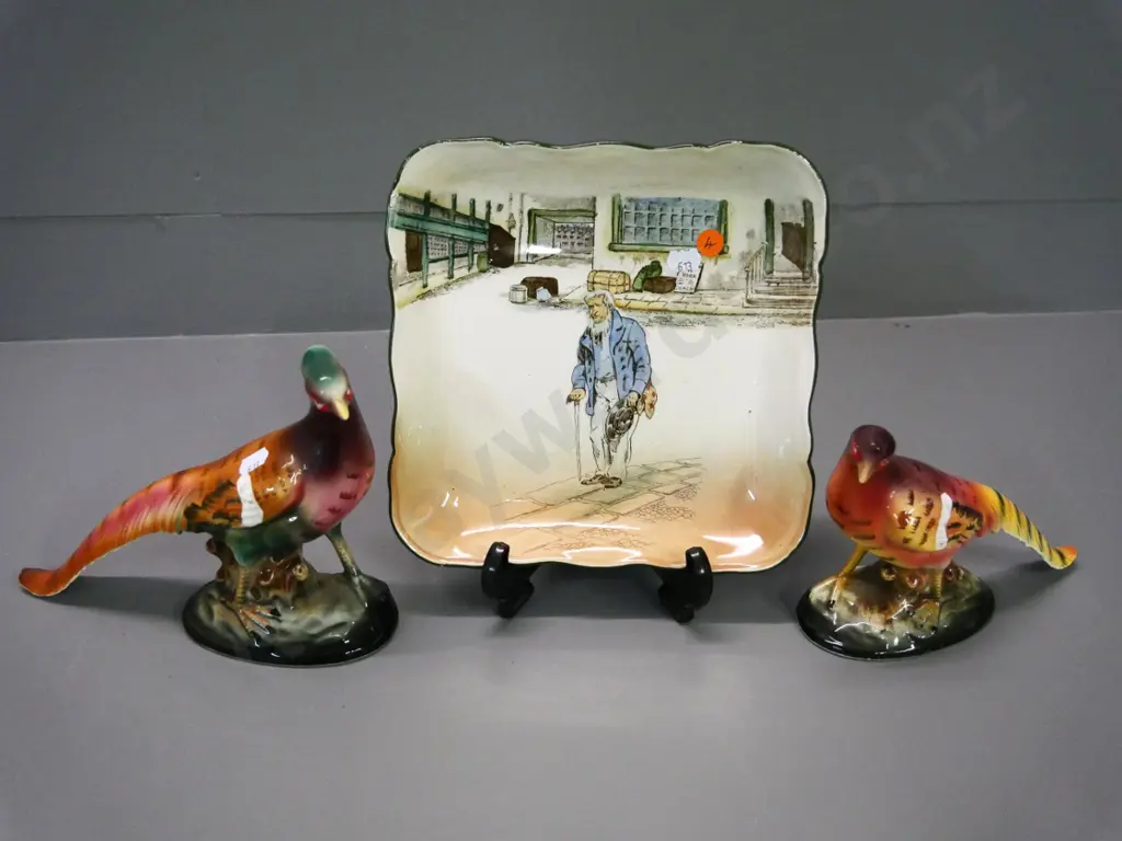 Royal Doulton Old Peggotty shallow bowl 120 x 120 and a pair of pheasants, no maker's mark Image 1++