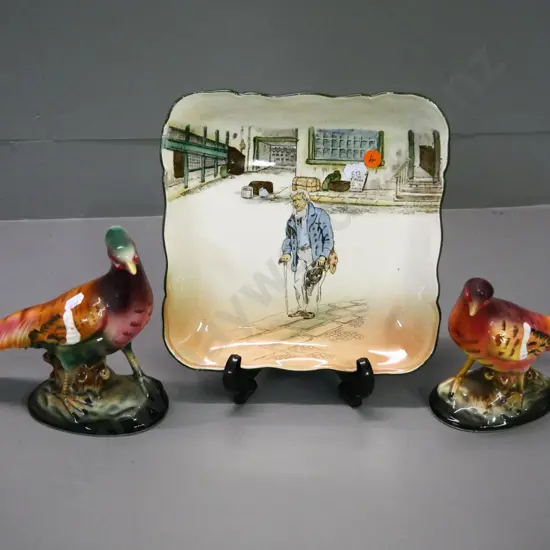Royal Doulton Old Peggotty shallow bowl 120 x 120 and a pair of pheasants, no maker's mark