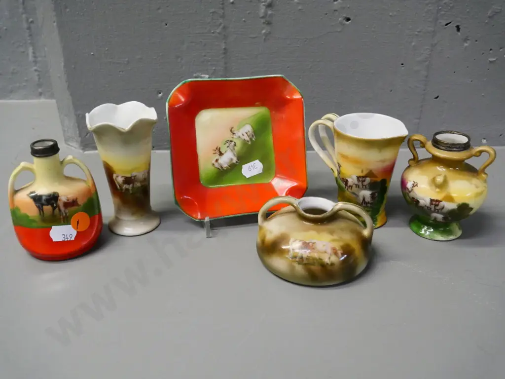 6 small Bayreuth china animal-themed items - 4 vases, jug and ash-tray, tallest is H-100 Image 1++