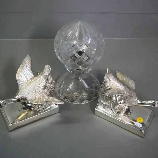 silver plated flying duck book-ends - some wear to plating - and cut crystal table lamp H-250, needs rewiring
