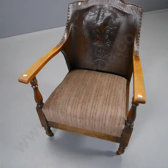 vintage oak-framed occasional chair w/ studded & pressed (leather?) back, arm needs gluing H-820 W-540 D-610