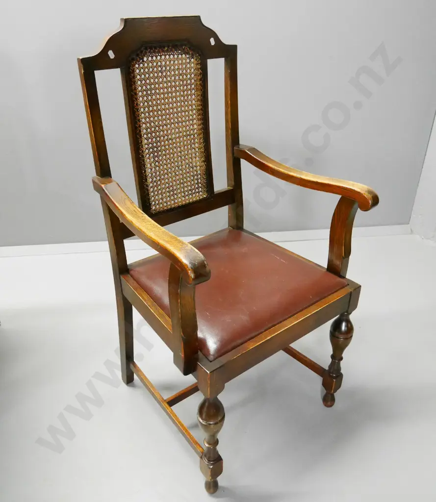 deco oak refectory dining table w/column ends, 6 bergere back leather seat dining chairs, one carver, leg repairH760 Image 1++