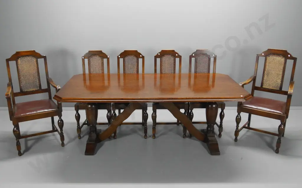 deco oak refectory dining table w/column ends, 6 bergere back leather seat dining chairs, one carver, leg repairH760 Image 1++
