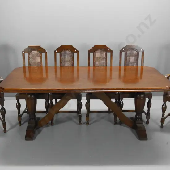 deco oak refectory dining table w/column ends, 6 bergere back leather seat dining chairs, one carver, leg repairH760