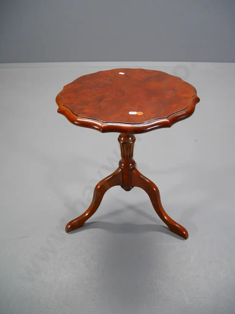 mahogany w/ burr walnut top wine table on fluted column base - minor staining to polish H-470 D-370 Image 1++