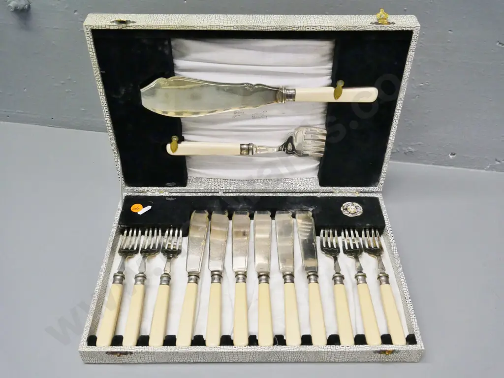 cased set of plated fish knives and forks with servers, faux ivory composite handles Image 1++