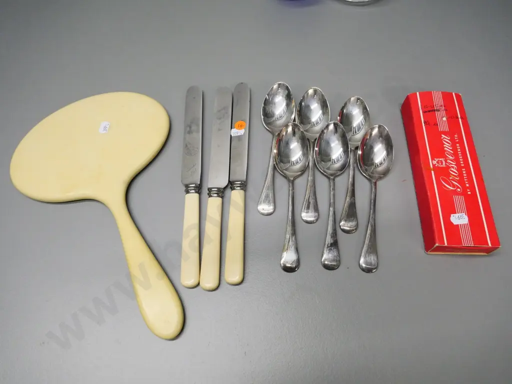assorted plated ware - 6 spoons, 3 large bone-handled dinner knives - and a large faux ivory hand mirror Image 1++