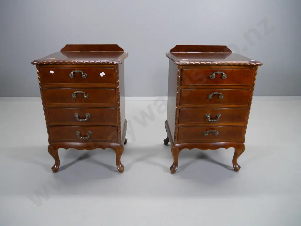 pair burr-walnut & mahogany rope-edged bow-front 4-drawer bedside chests w/ball & claw feet H680 W460 D410 Image 1++