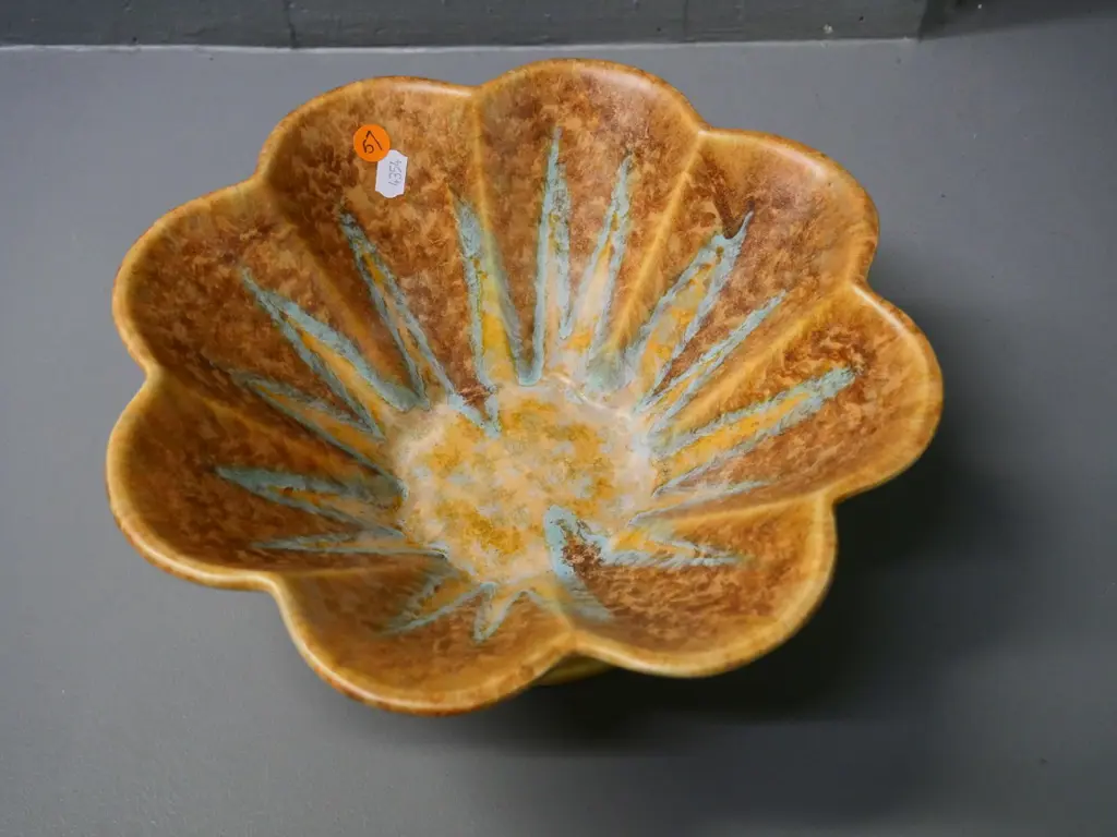 Beswick mottled brown and teal fluted & footed fruit bowl H-100 Diameter 280 Image 1++