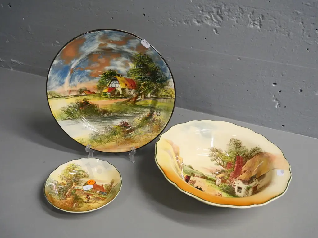 3 Royal Doulton English Countryside pieces - Stormy Sky plate, 2 Rustic England bowls, larger is D-240 Image 1++