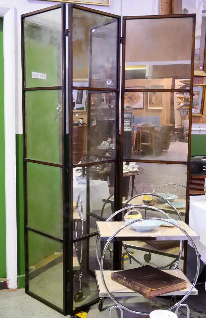 large 3-panel timber-framed screen with mirrored panels on one side haze/desilvering to mirrors - panels H2030 W500 Image 1++