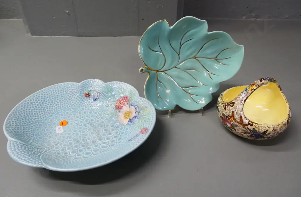 3 pieces of china - Melba Ware bowl L-230 W-210, Carlton Ware leaf dish, and a Maling basket Image 1++