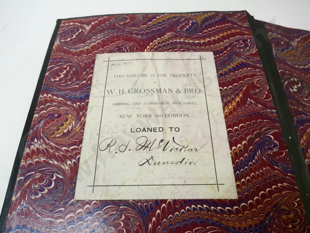 1892 leather bound Crossman & Brothers catalogue - label with "Loaned to RD McVicar Dunedin" wear & staining Image 1++