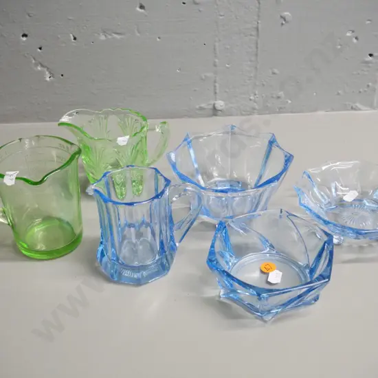 6 pieces of depression glass including blue cream & sugar, green measuring jug H-100, etc.