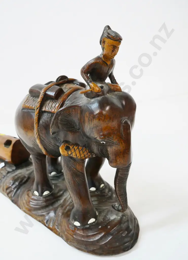 hand-carved wooden elephant with rider - missing one tusk and some harness or binding pieces H-280 L-400 Image 1++
