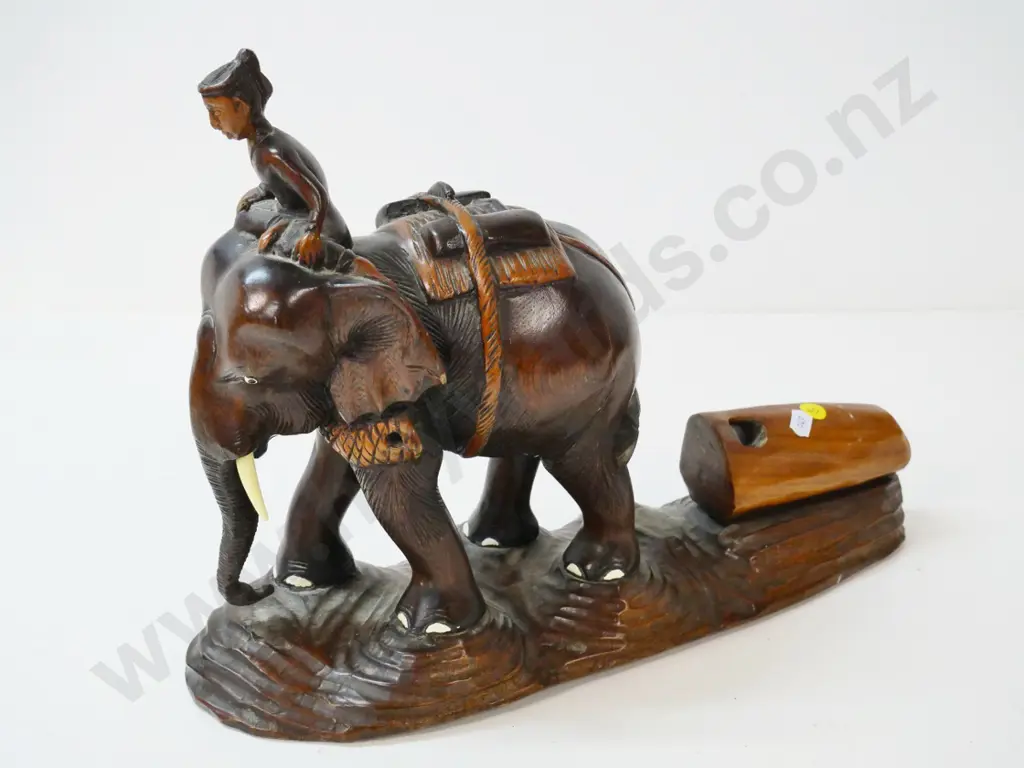 hand-carved wooden elephant with rider - missing one tusk and some harness or binding pieces H-280 L-400 Image 1++