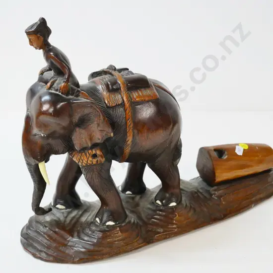 hand-carved wooden elephant with rider - missing one tusk and some harness or binding pieces H-280 L-400