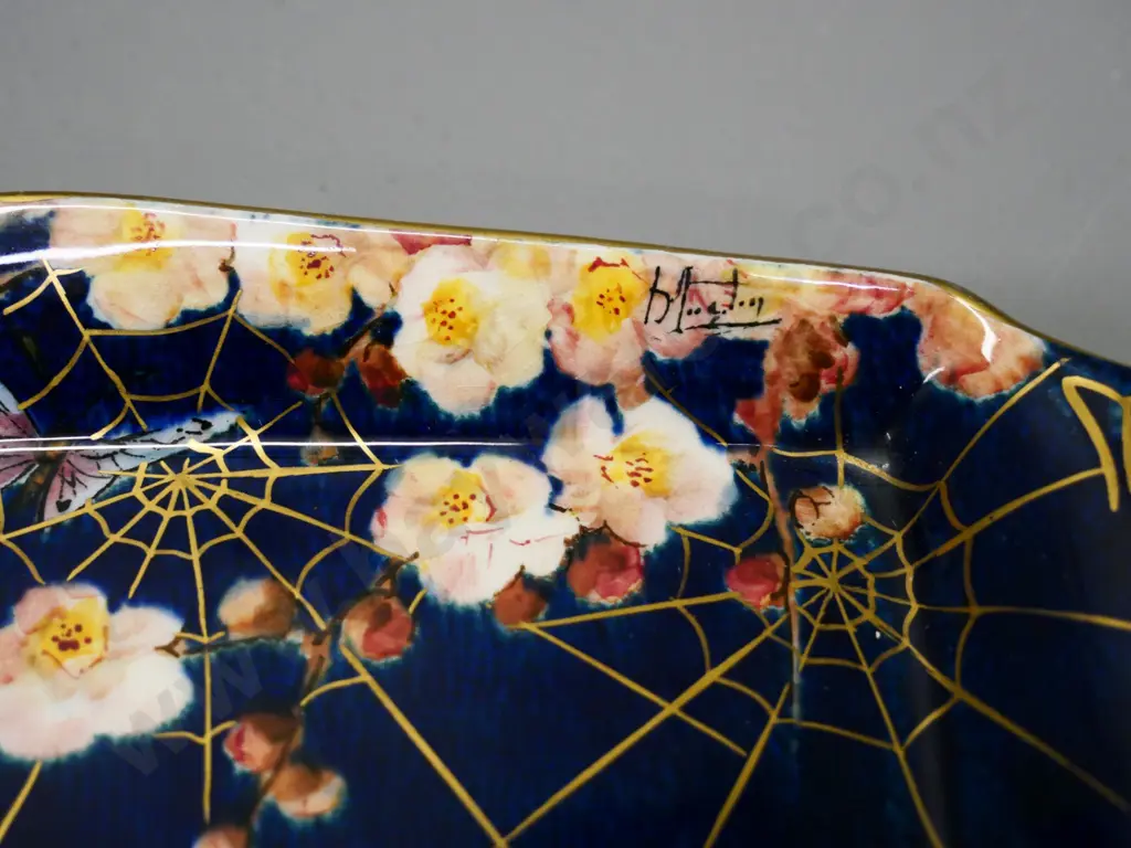 signed Grimwades hand-painted spider-web pattern handled dish L-210 and a Royal Stanley 'Jacobean' bowl Image 1++