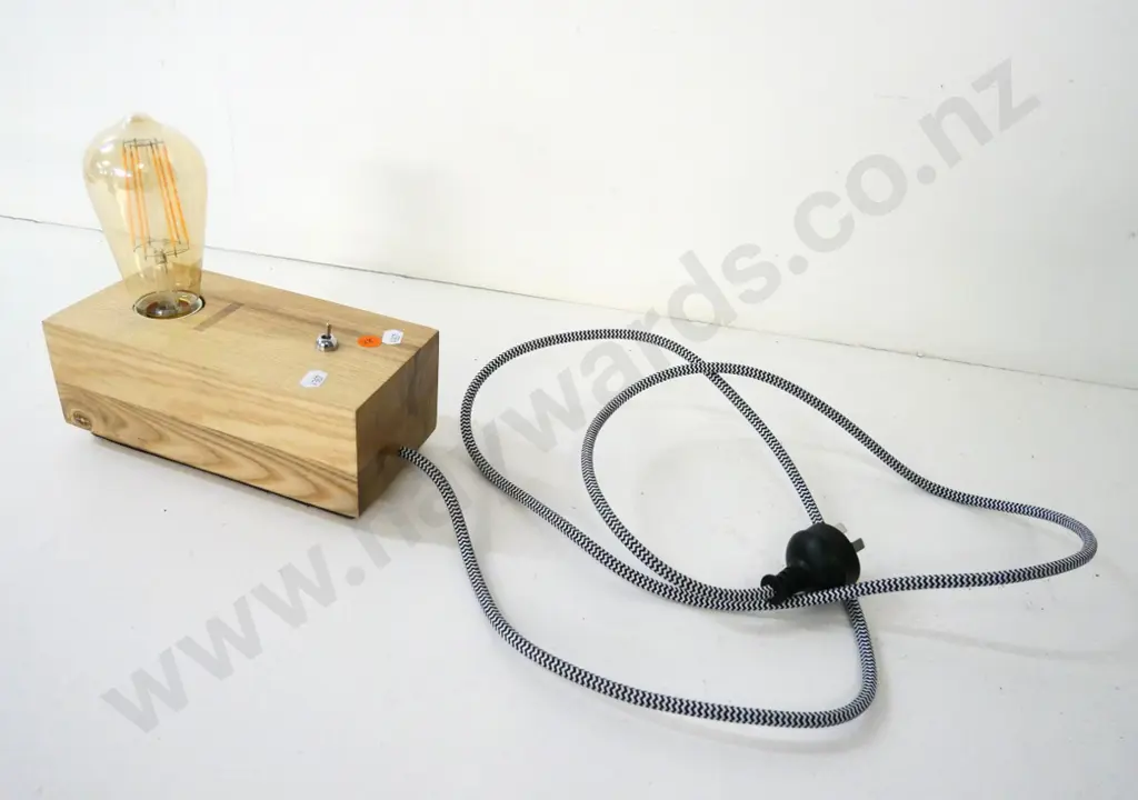 contemporary wooden table lamp with exposed bulb - some adhesive residue H-200 L-200 Image 1++