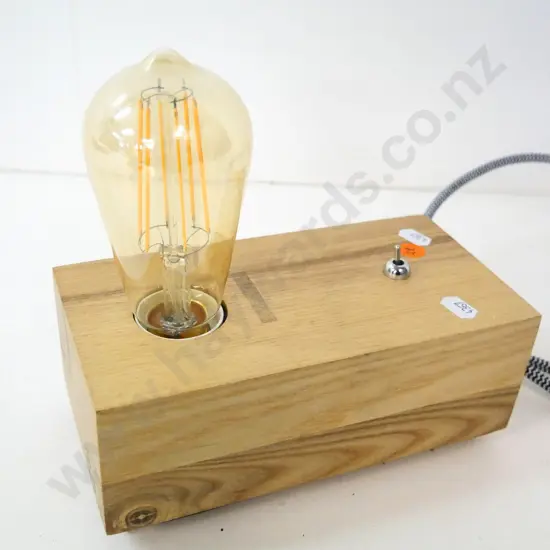 contemporary wooden table lamp with exposed bulb - some adhesive residue H-200 L-200