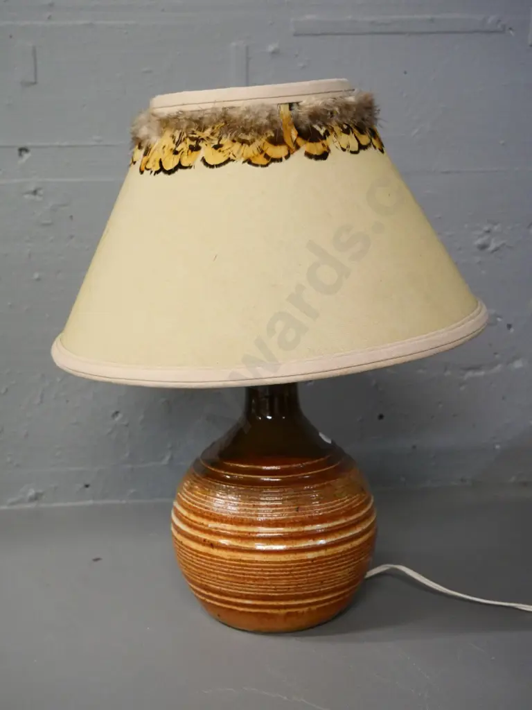 pottery based table lamp with feather-trimmed shade, cork stopper holdling fitting. H-410, diameter 320 Image 1++