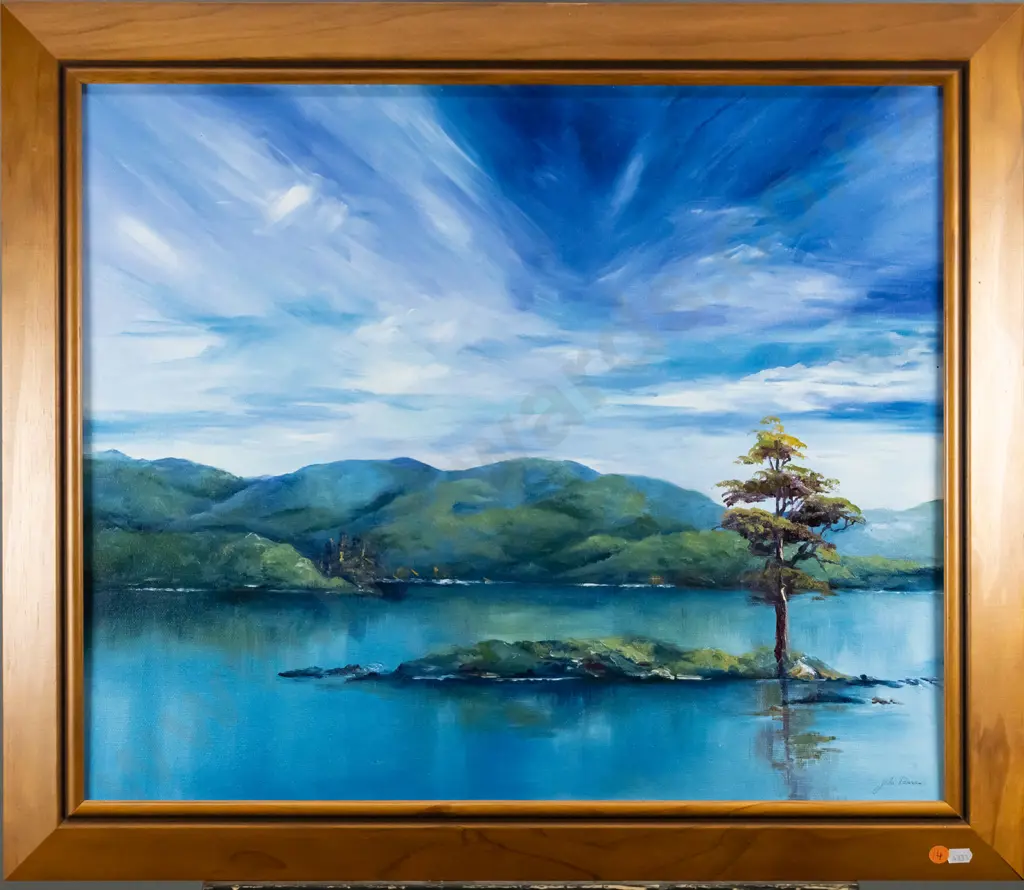 Julie Duncan - framed oil - lake scene H-490 W-590 Image 1++