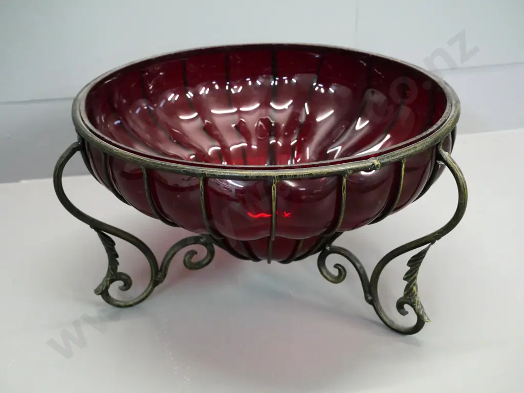 large claret-coloured glass bowl in metal stand H-210 Diameter 400 Image 1++