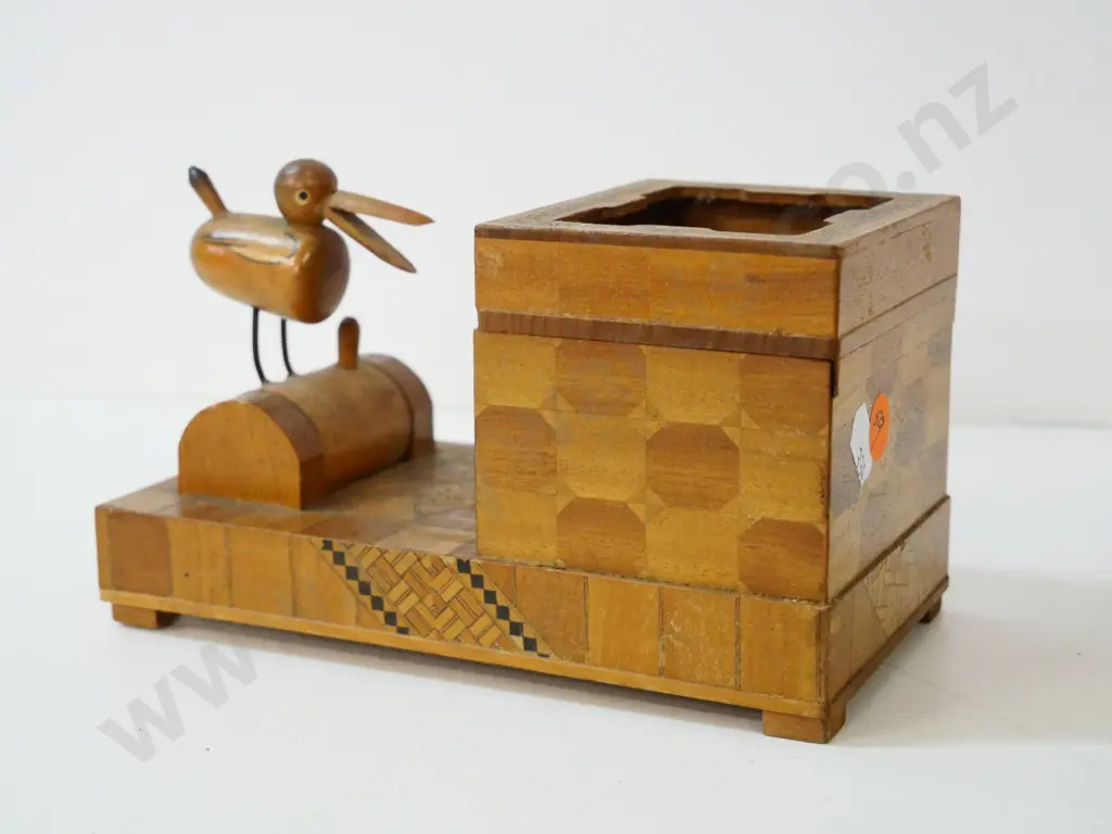 retro wooden tipping-bird cigarette dispenser with inlay decoration, some chips to veneer H-100 L-200 Image 1++