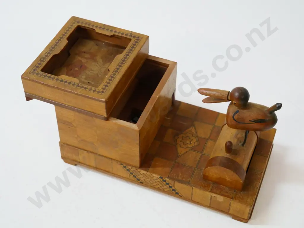 retro wooden tipping-bird cigarette dispenser with inlay decoration, some chips to veneer H-100 L-200 Image 1++
