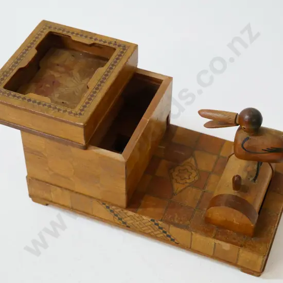 retro wooden tipping-bird cigarette dispenser with inlay decoration, some chips to veneer H-100 L-200