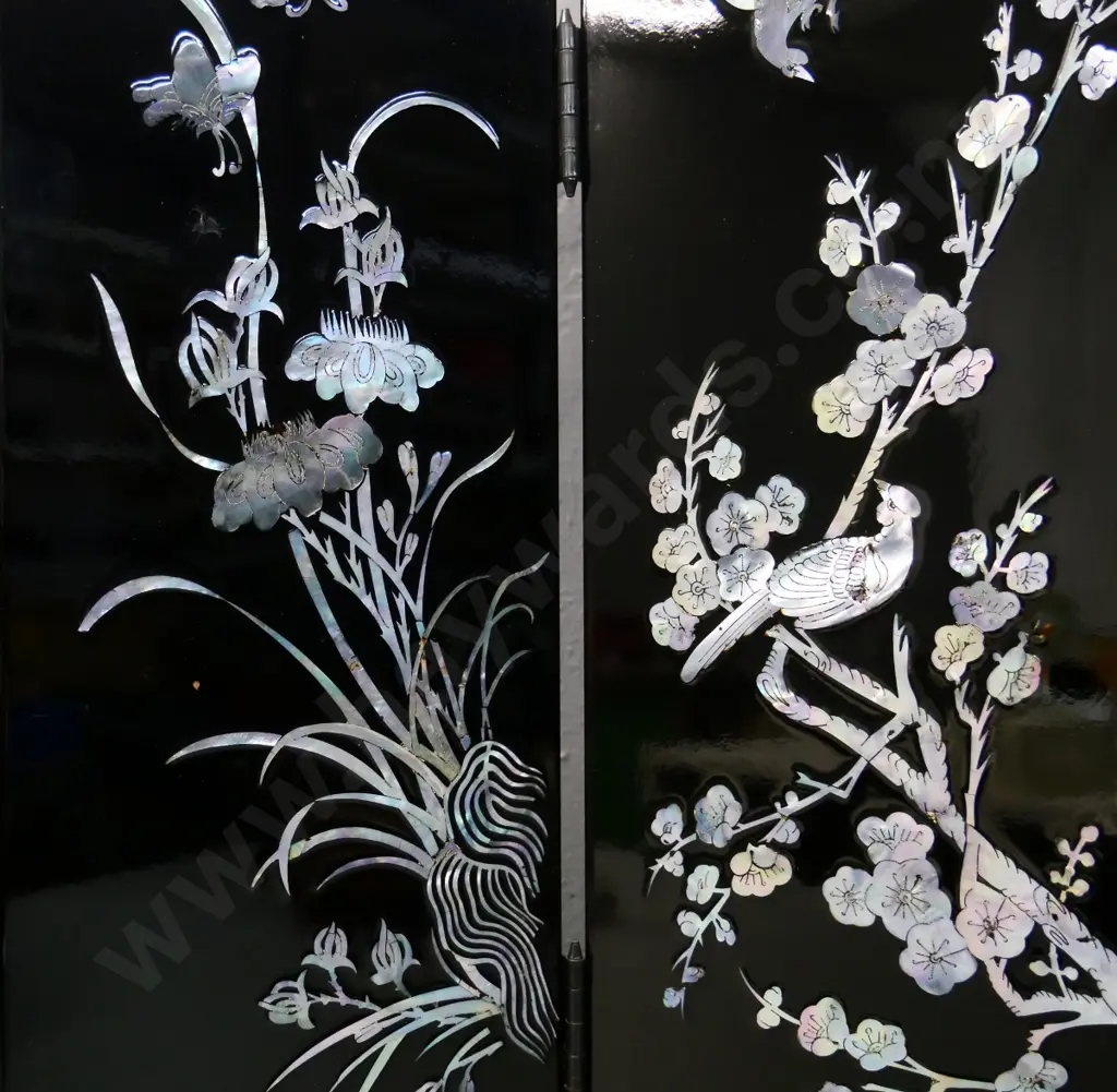 small decorative 4-panel screen - black laquer and mother of pearl applique - H-430 W-500 as photographed Image 1++