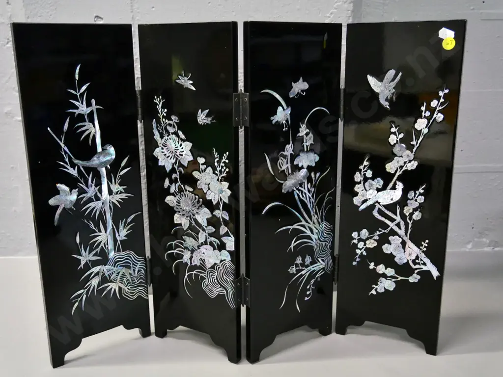 small decorative 4-panel screen - black laquer and mother of pearl applique - H-430 W-500 as photographed Image 1++
