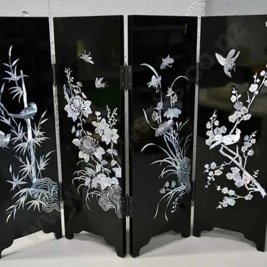 small decorative 4-panel screen - black laquer and mother of pearl applique - H-430 W-500 as photographed