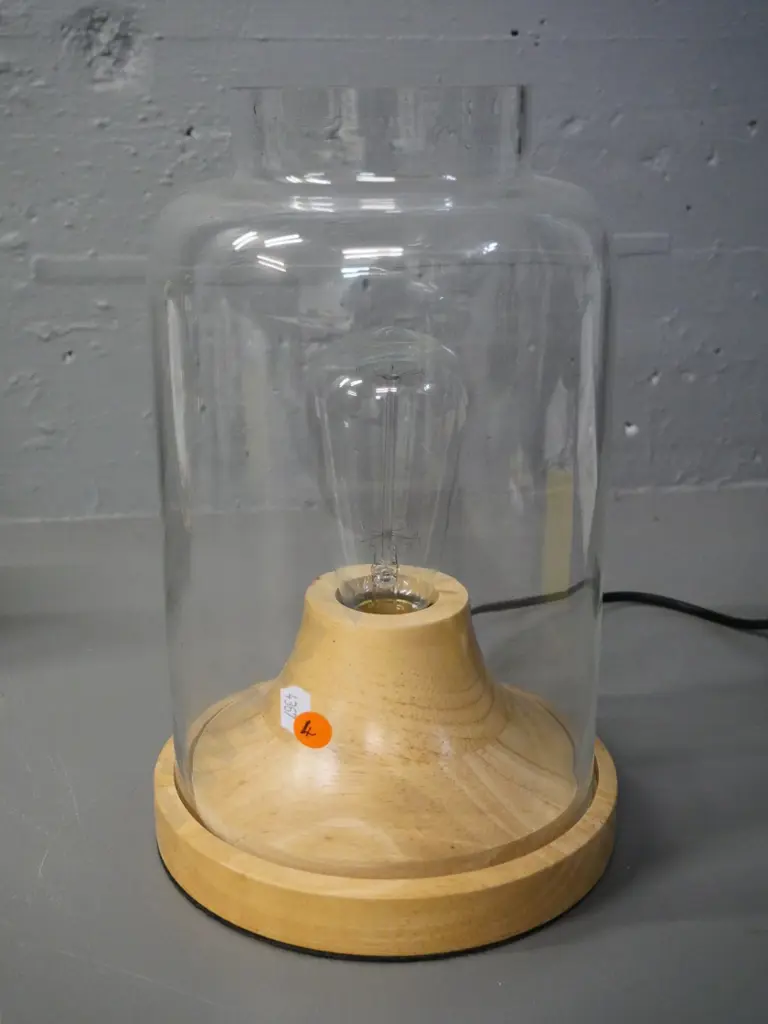 contemporary table lamp with glass chimney shade and turned wooden base H-300 Diameter 200 at base Image 1++