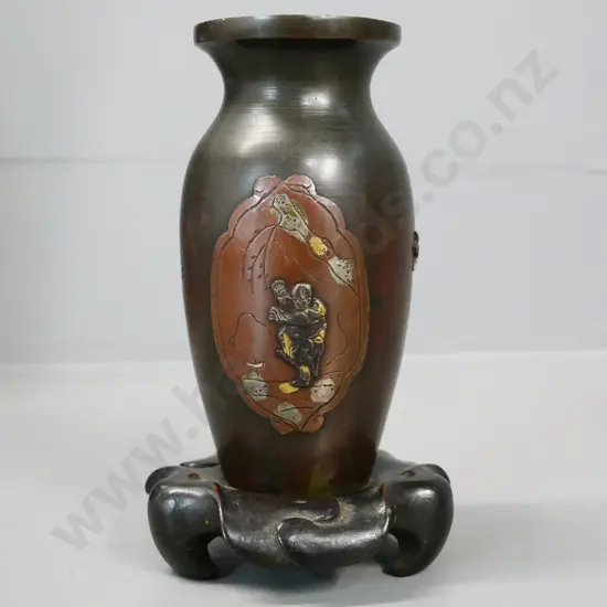 small asian eagle-theme bronze vase with gold and silver decoration, on carved wooden stand H-140 combined