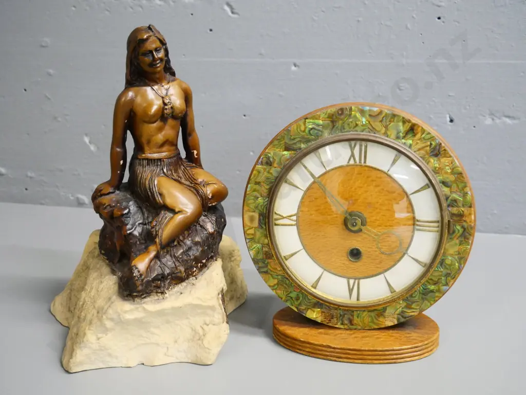 composite Pania of the Reef figurine H-250 and a mantel clock with wood and paua frame Image 1++