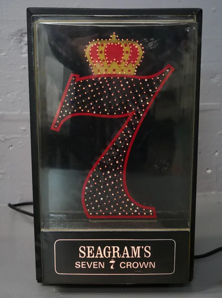 Seagram's 7 Crown illuminated fibre optic bar display - going - plastic front needs refiitting in case H-360 W-220 D-130 Image 1++