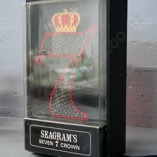 Seagram's 7 Crown illuminated fibre optic bar display - going - plastic front needs refiitting in case H-360 W-220 D-130