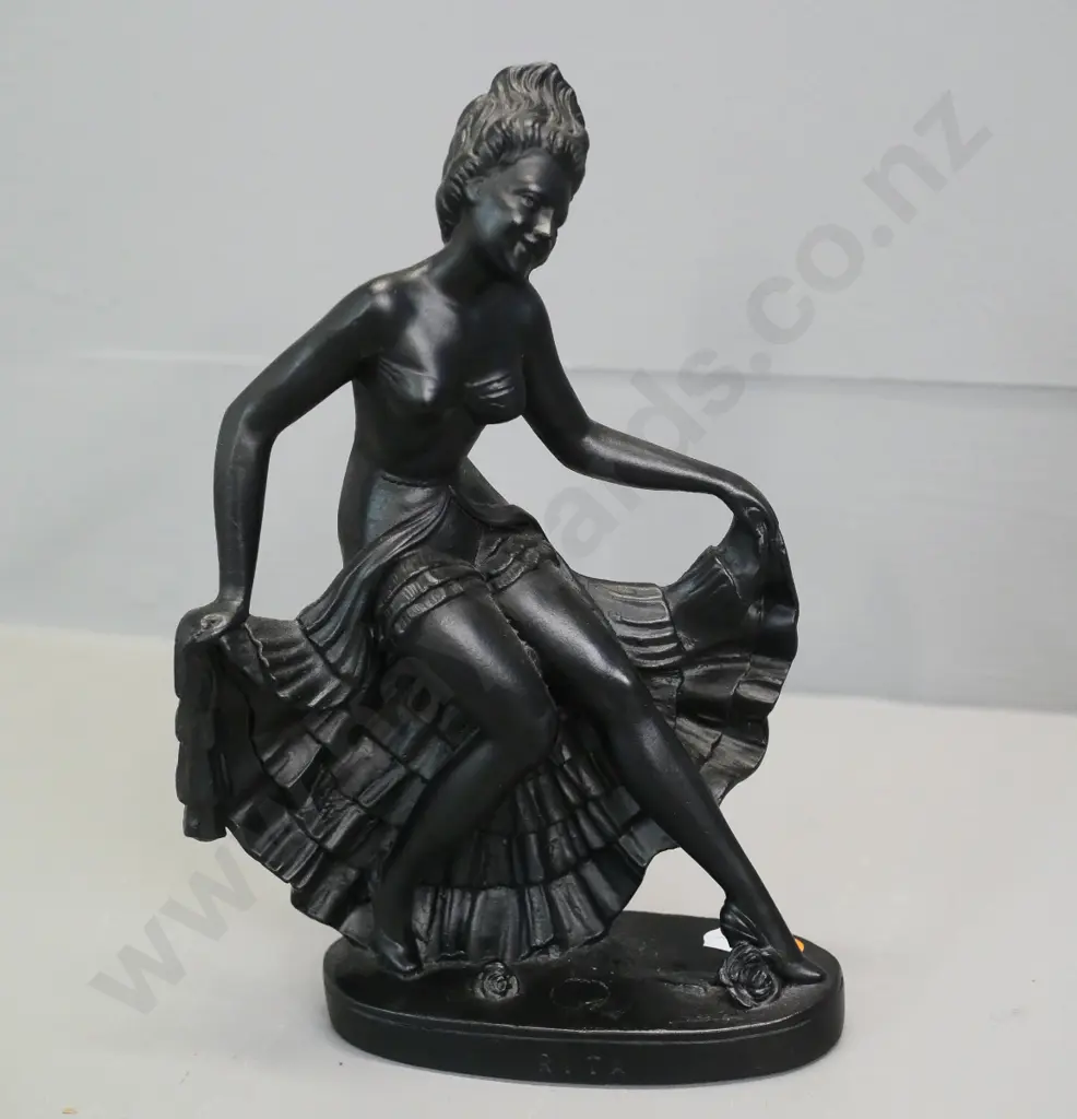 black glazed porcelain deco style figure "Rita" - "Prof. Ruggeri" etched on base, small fleck to finish at top. H-240 Image 1++