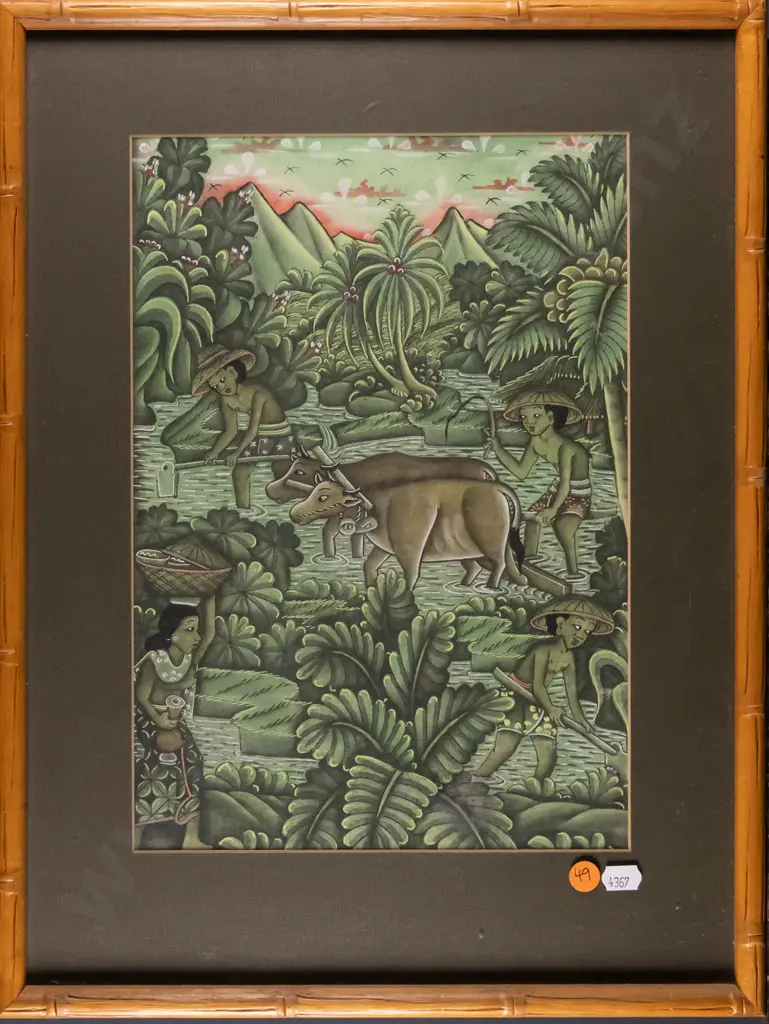 framed Balinese watercolour (purchased 1990 from street painter) H-320 W-220 Image 1++