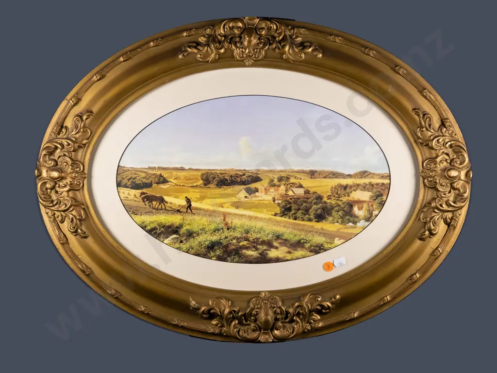oval gilt framed print - farming scene H-240 W-390 Image 1++