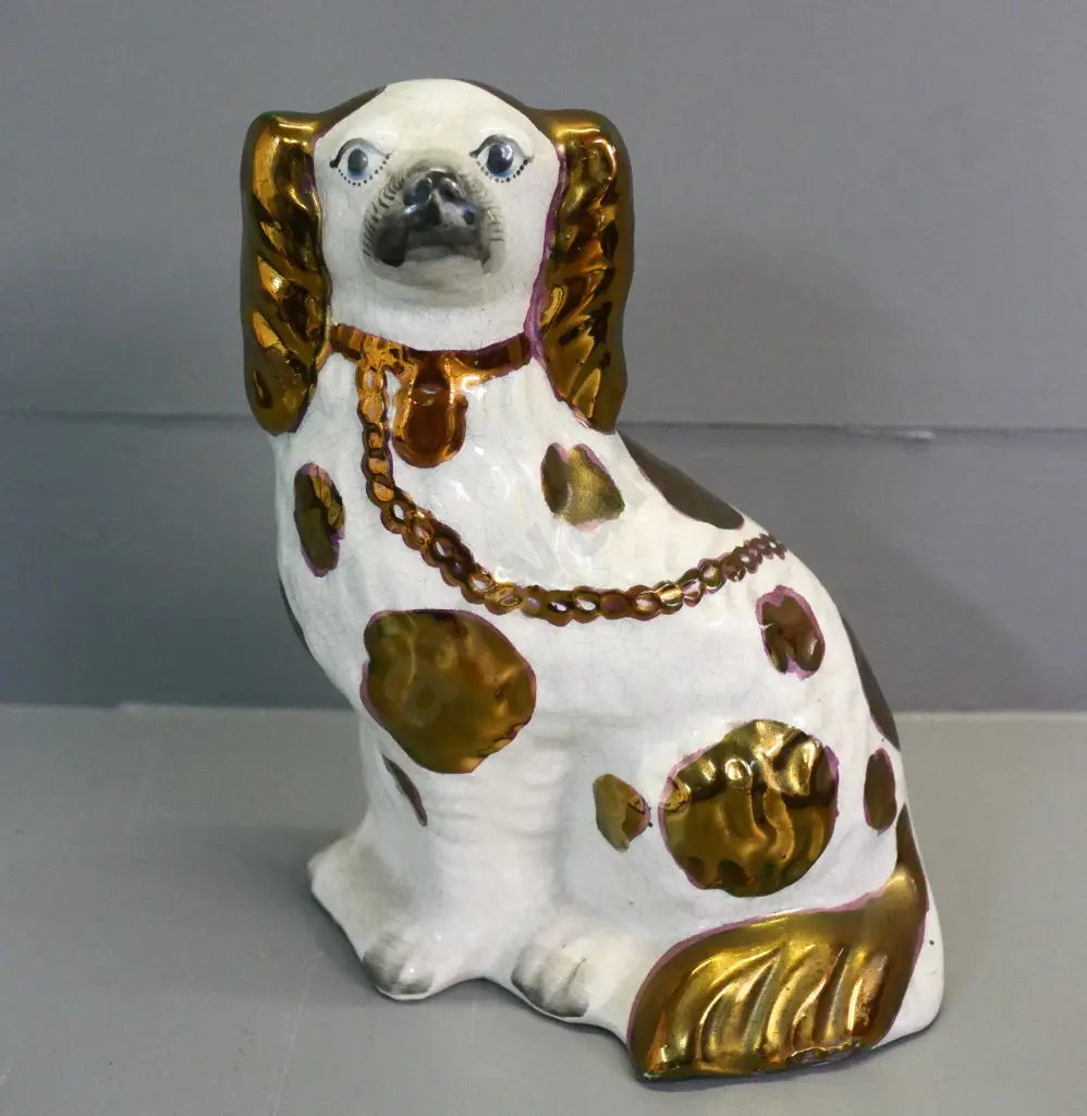 porcelain Staffordshire style dog figure - white with gilt, has crackle glaze H-250 Image 1++